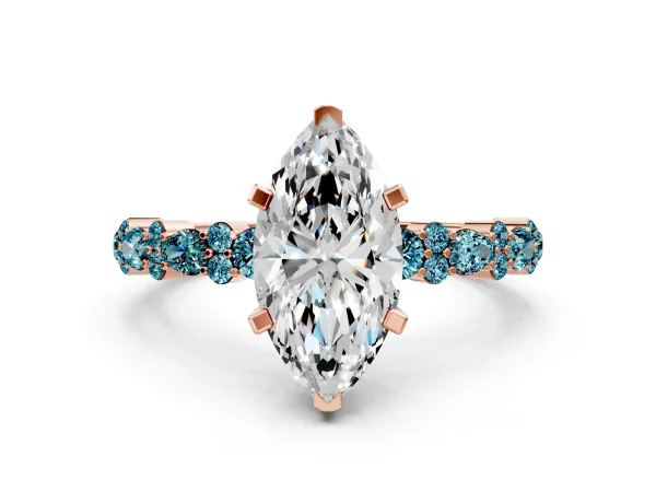 Marquise Cut Diamond Side Stone Solitaire Ring with Round Blue Topaz and Four-Prong Setting Rose gold