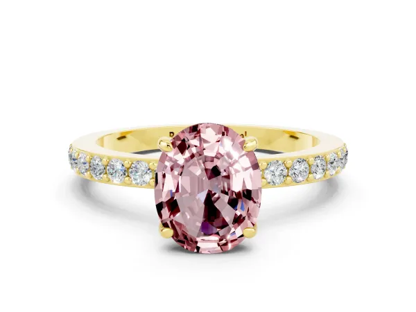 Oval Cut Morganite Solitaire Engagement Ring with Pavé Band and Four-Prong Setting Yellow gold