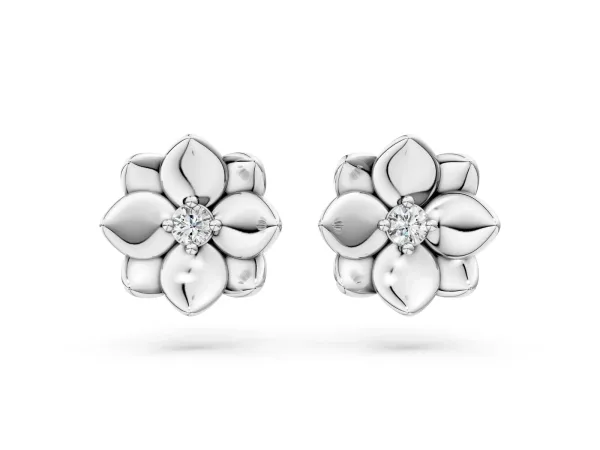 Round Diamond Magnolia Floral Stud Earrings Platinum
