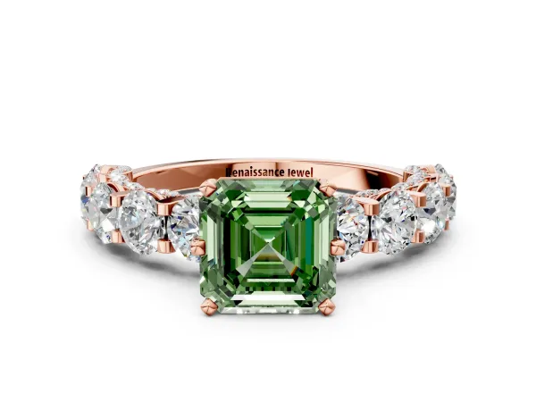 Fancy Green Asscher Cut Diamond Side Stone Engagement Ring with Four-Prong Setting Rose gold