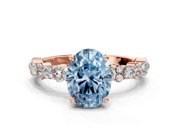 Fancy Blue Oval Cut Diamond Side Stone Solitaire Ring with Round and Four-Prong Setting Rose gold