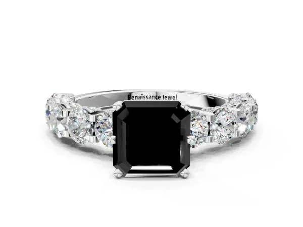 Fancy Black Asscher Cut Diamond Side Stone Engagement Ring with Four-Prong Setting Silver