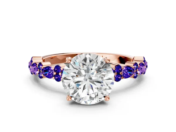 Round Cut Diamond Side Stone Solitaire Ring with Round Tanzanite and Four-Prong Setting Rose gold