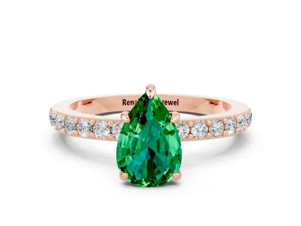 Pear Cut Emerald Solitaire Engagement Ring with Pavé Band and Four-Prong Setting Rose gold