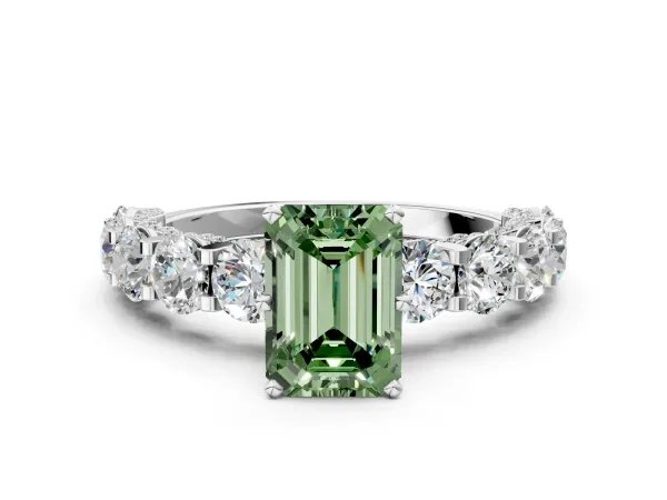 Fancy Green Emerald Cut Diamond Side Stone Engagement Ring with Four-Prong Setting White gold