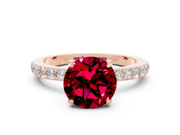 Round Cut Garnet Solitaire Engagement Ring with Pavé Band and Four-Prong Setting Rose gold