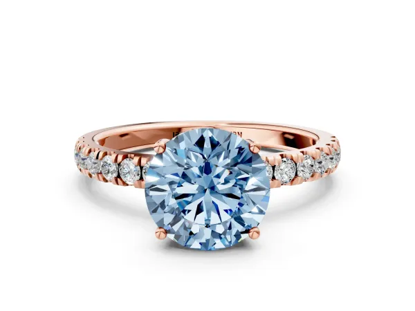 Fancy Blue Round Cut Diamond Pave Band Solitaire Ring with Round and Prong Setting Rose gold