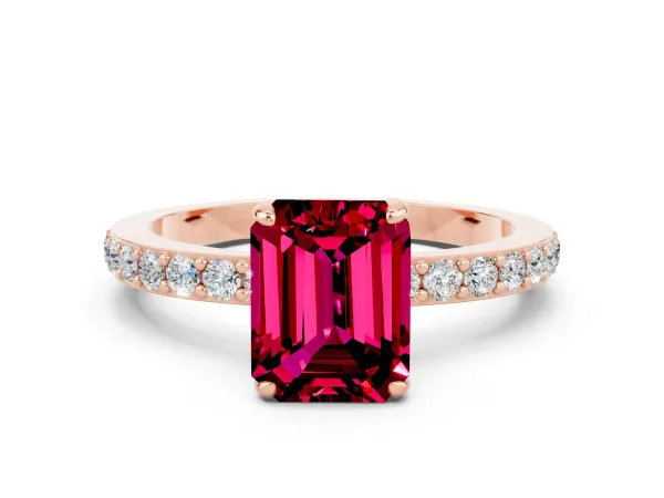 Emerald Cut Garnet Solitaire Engagement Ring with Pavé Band and Four-Prong Setting Rose gold