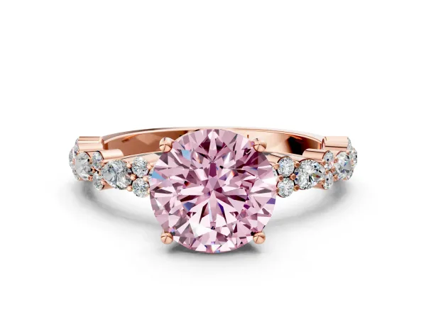 Fancy Pink Round Cut Diamond Side Stone Solitaire Ring with Round and Four-Prong Setting Rose gold
