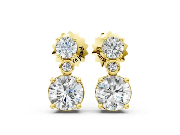 Round Diamond Two Stone Drop Earrings with Bezel Diamond Accent Yellow gold
