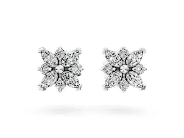 Marquise Diamond Petal Stud Earrings with Diamond Accents White gold