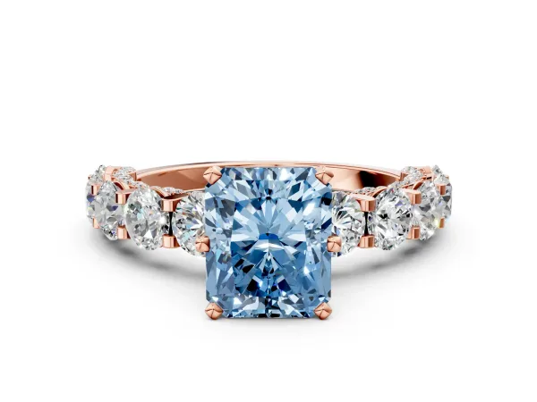 Fancy Blue Radiant Cut Diamond Side Stone Engagement Ring with Four-Prong Setting Rose gold