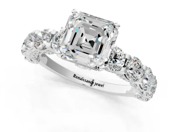 Asscher Cut Diamond Side Stone Engagement Ring with Four-Prong Setting Silver