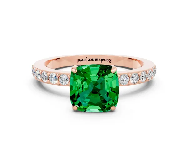 Cushion Cut Emerald Solitaire Engagement Ring with Pavé Band and Four-Prong Setting Rose gold