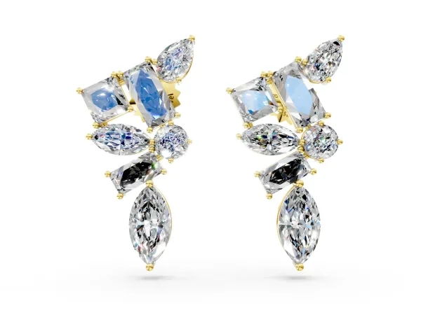Princess, Baguette, Marquise, Pear and Round Diamond Cluster Stud Earrings Yellow gold