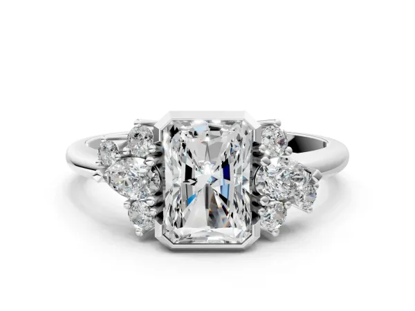 Radiant Diamond Engagement Ring with Pear and Round Side Stones Platinum
