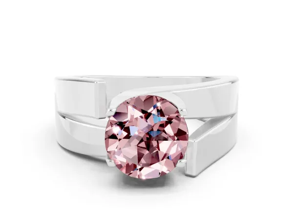 Modern Tension Set Round Cut Morganite Solitaire Wide Band Ring Platinum