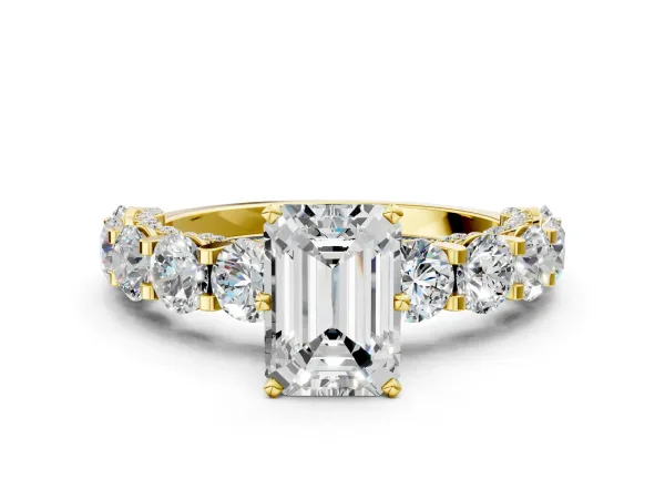 Emerald Cut Diamond Side Stone Engagement Ring with Four-Prong Setting Yellow gold
