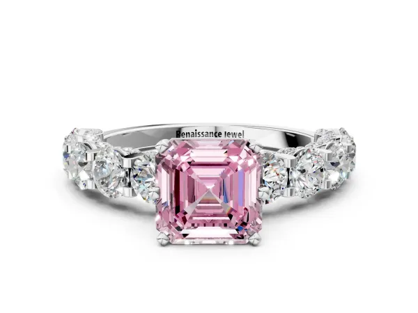Fancy Pink Asscher Cut Diamond Side Stone Engagement Ring with Four-Prong Setting Silver