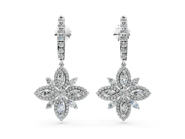 Marquise and Round Diamond Floral Huggie Drop Earrings Platinum