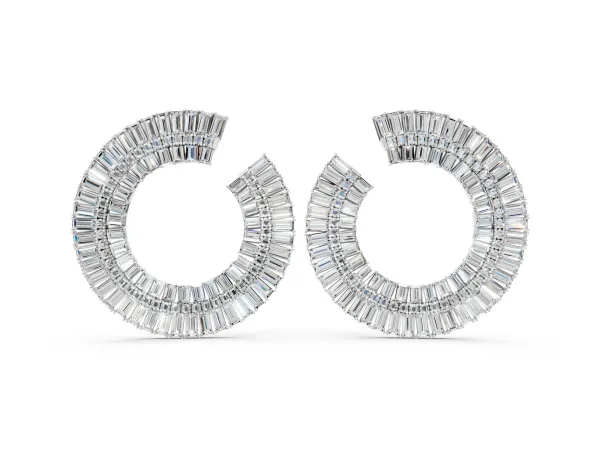 Baguette and Round Diamond Fanned Hoop Earrings Silver
