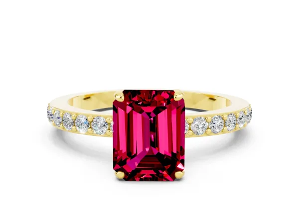 Emerald Cut Garnet Solitaire Engagement Ring with Pavé Band and Four-Prong Setting Yellow gold