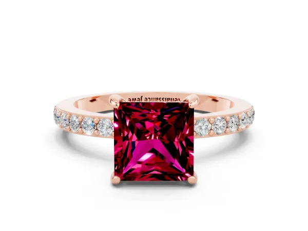 Princess Cut Garnet Solitaire Engagement Ring with Pavé Band and Four-Prong Setting Rose gold