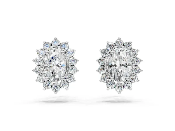 Oval Diamond Floral Halo Stud Earrings Silver