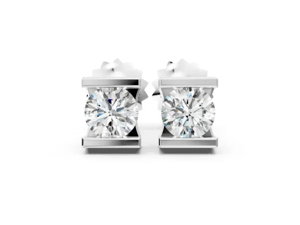 Bar Set Round Diamond Stud Earrings in White Gold White gold