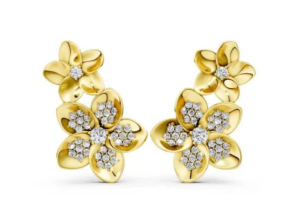 Round Diamond Plumeria Climber Earrings Yellow gold