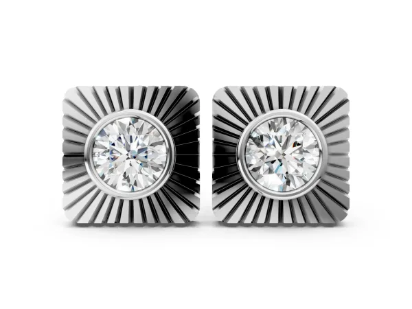Round Diamond Sunburst Square Stud Earrings Platinum
