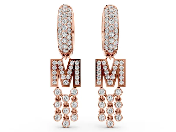 Round Diamond Initial M Huggie Hoop Earrings Rose gold