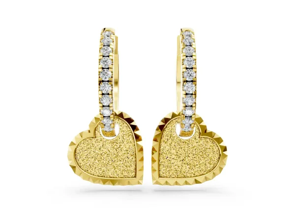 Round Diamond Heart Charm Huggie Hoop Earrings Yellow gold
