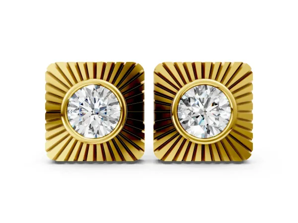 Round Diamond Sunburst Square Stud Earrings Yellow gold
