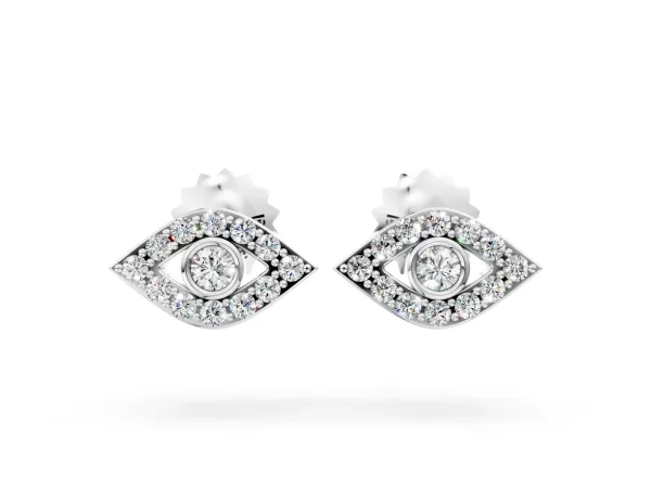 Round Diamond Bezel Center Evil Eye Stud Earrings White gold