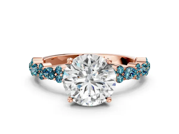 Round Cut Diamond Side Stone Solitaire Ring with Round Blue Topaz and Four-Prong Setting Rose gold