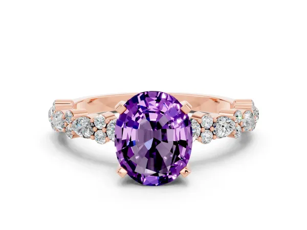 Oval Cut Amethyst Side Stone Solitaire Ring with Round and Four-Prong Setting Rose gold