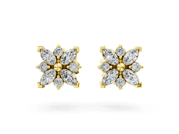 Marquise Diamond Petal Stud Earrings with Diamond Accents Yellow gold