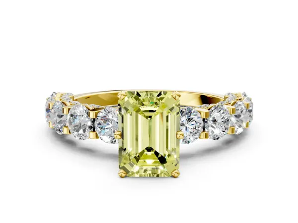 Fancy Yellow Emerald Cut Diamond Side Stone Engagement Ring with Four-Prong Setting Yellow gold