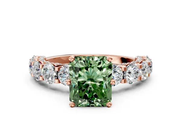 Fancy Green Radiant Cut Diamond Side Stone Engagement Ring with Four-Prong Setting Rose gold