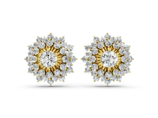 Round Diamond Sunburst Stud Earrings Yellow gold