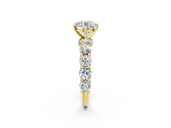 Round Cut Diamond Side Stone Engagement Ring with Four-Prong Setting Yellow gold
