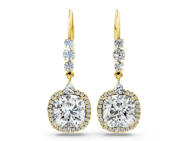 Cushion Diamond Drop Earrings with Trillion Diamond Accents and Round Halo Yellow gold