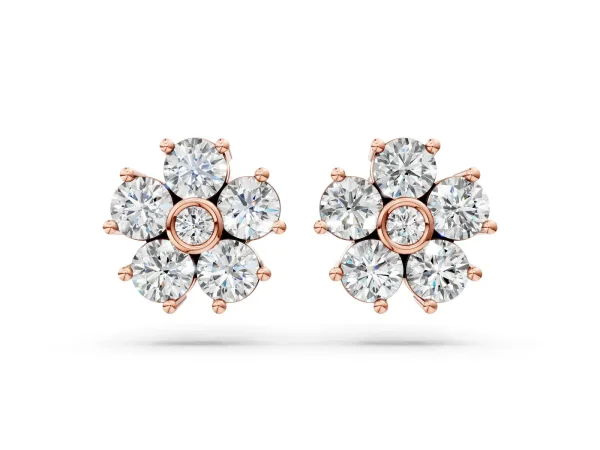 Round Diamond Flower Stud Earrings with Diamond Accent Rose gold