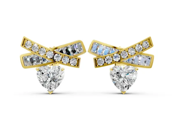 Heart Diamond X Stud Earrings with Baguette and Round Accents Yellow gold