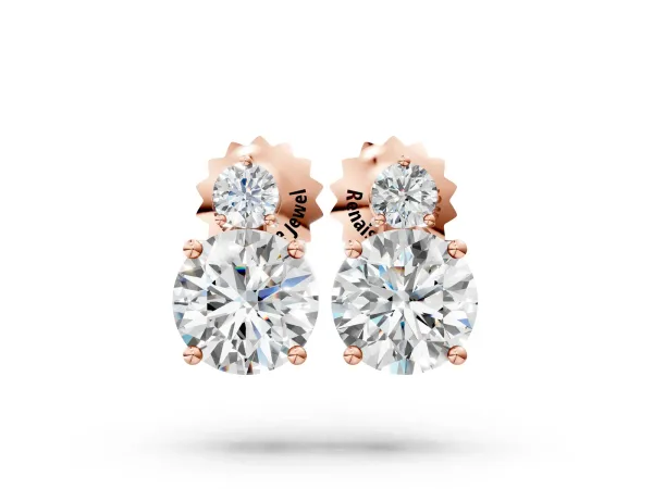 Round Diamond Basket-Set Stud Earrings with Diamond Accent Rose gold