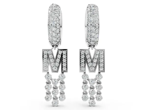 Round Diamond Initial M Huggie Hoop Earrings Silver