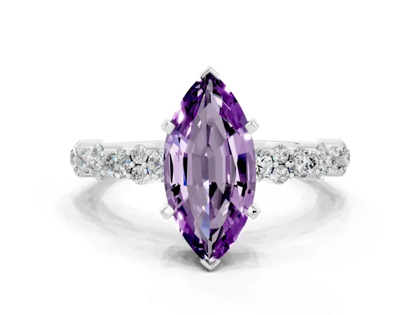 Marquise Cut Amethyst Side Stone Solitaire Ring with Round and Four-Prong Setting White gold