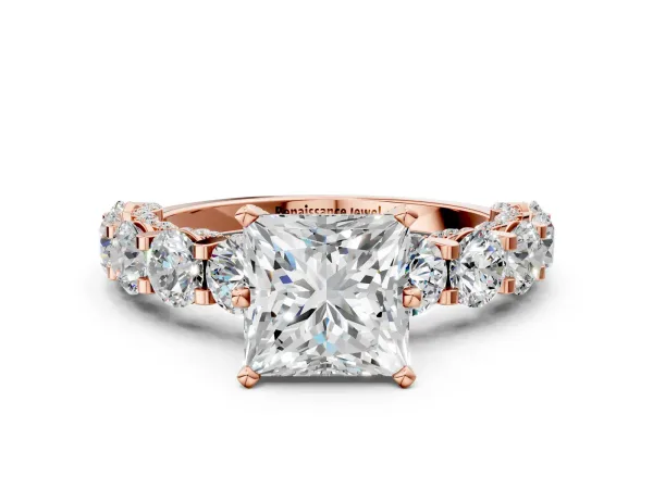 Princess Cut Diamond Side Stone Engagement Ring with Four-Prong Setting Rose gold