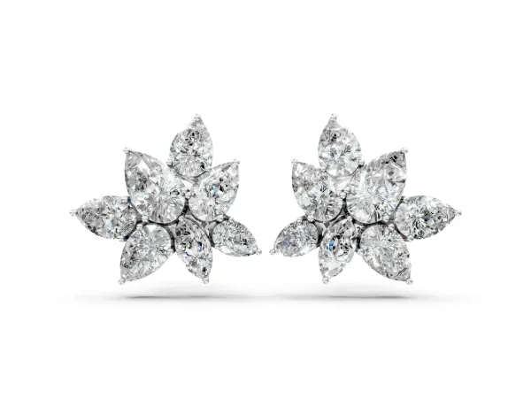 Pear and Marquise Diamond Floral Cluster Stud Earrings Silver